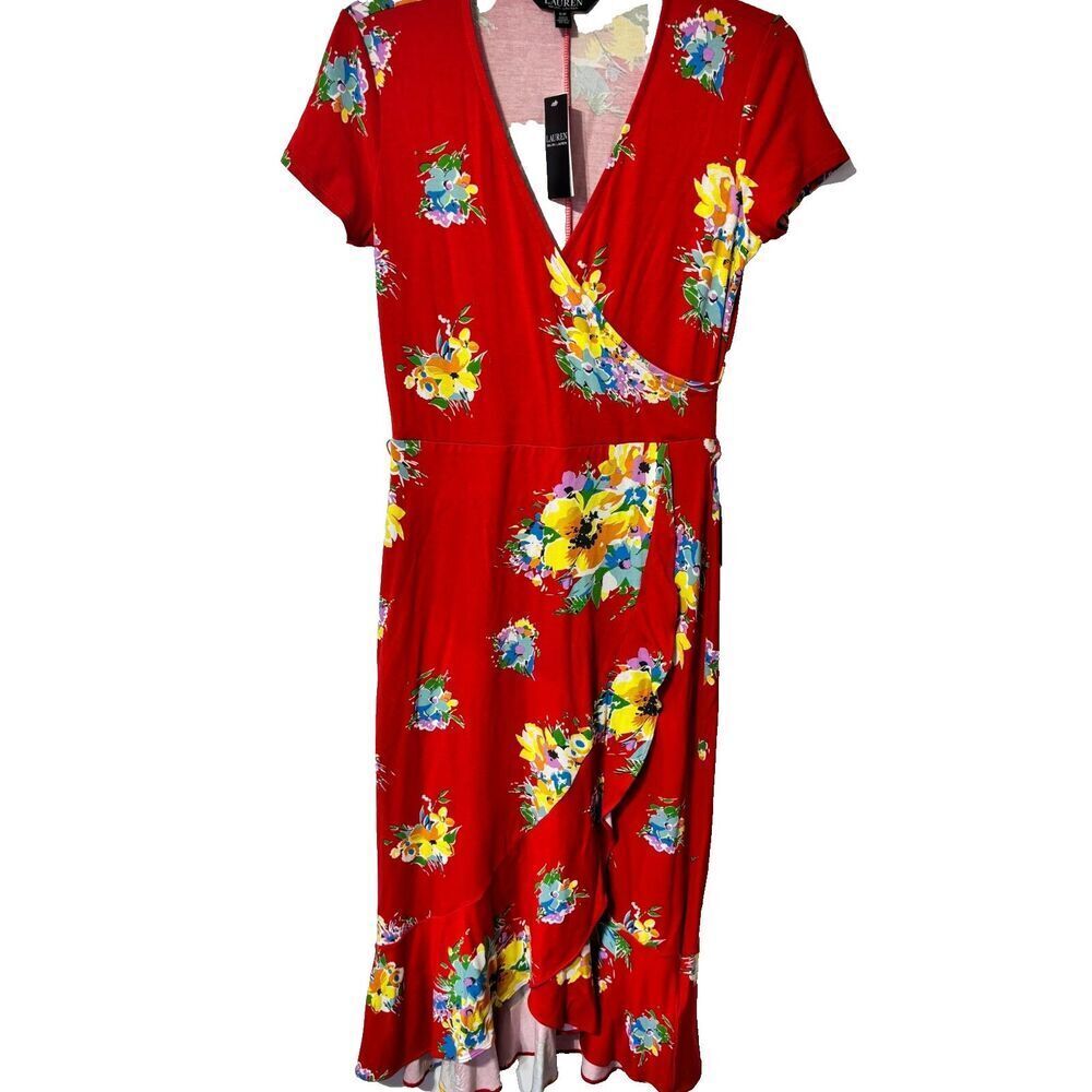 Lauren Ralph Lauren Jersey Wrap Dress Small‎ Orange Floral Surplice Neck NWT - Picture 2 of 11